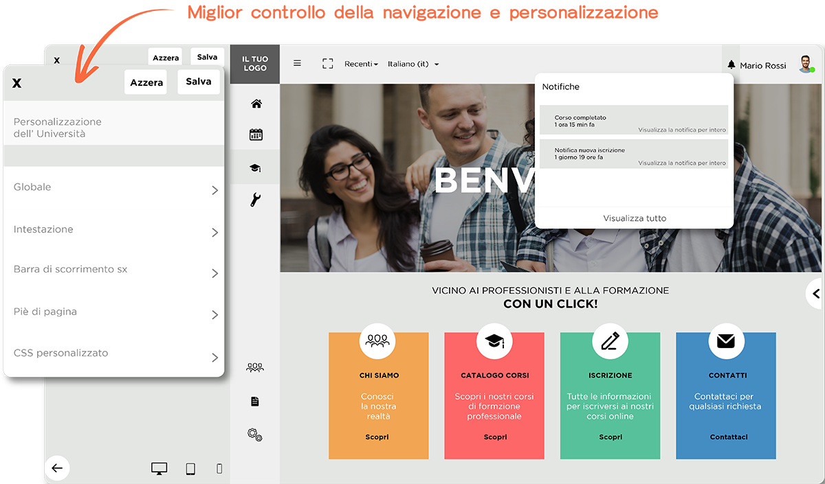 Schermata della piattaforma LMS Edumy che mostra la personalizzazione della home page per università, business school, campus, enti formativi e scuole