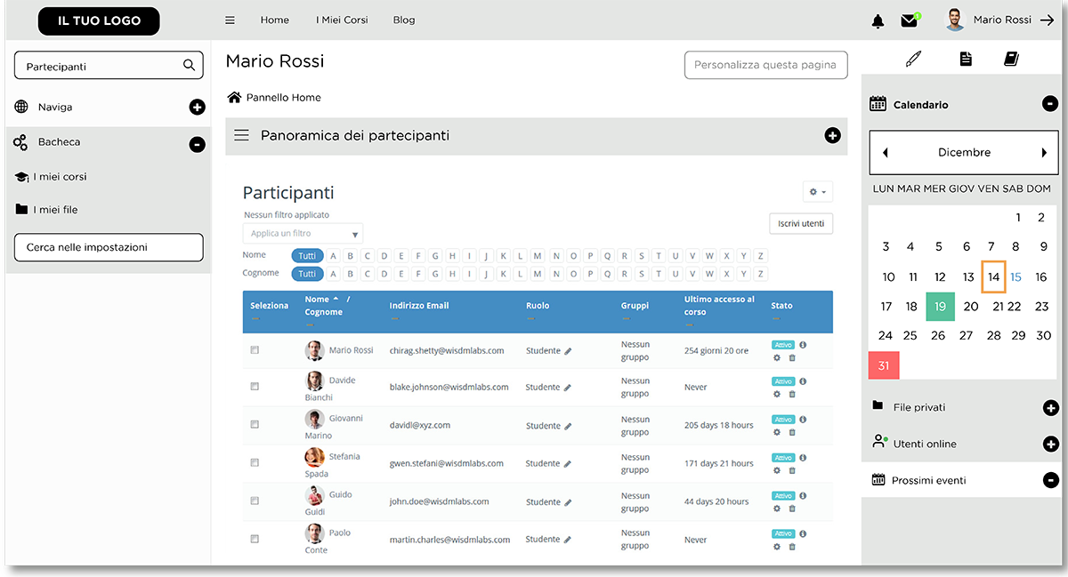 Schermata della piattaforma LMS Edumy che mostra il database della gestione di lezioni, contatti e studenti